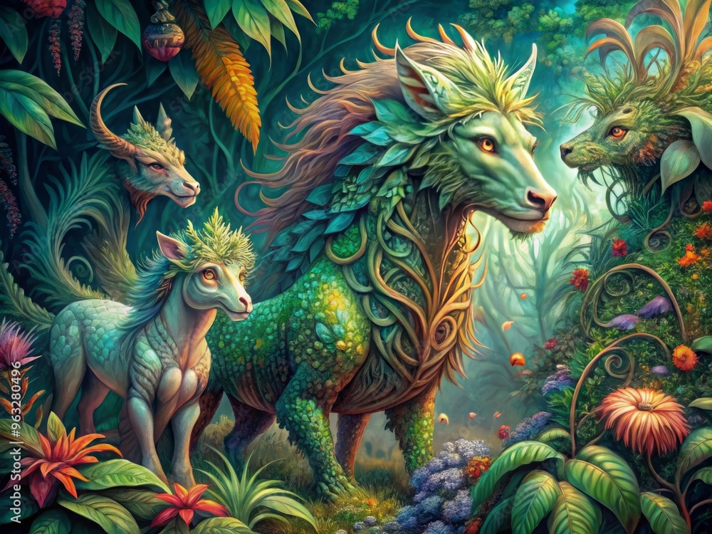Surreal and dreamlike illustrations of fantastical beasts amidst lush foliage with subtle shading and intricate patterns blending fantasy and reality Surreal and dreamlike illustrations of fantastical beasts amidst lush foliage with subtle shading and intricate patterns blending fantasy and reality