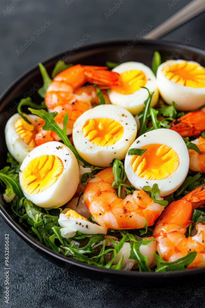 A vibrant salad featuring shrimp and eggs, elegantly arranged on a bed of fresh greens, perfect for a healthy meal. A vibrant salad featuring shrimp and eggs, elegantly arranged on a bed of fresh greens, perfect for a healthy meal.