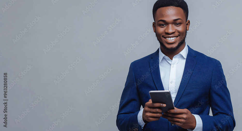 Professional portrait of a confident young businessman in a blue suit, smiling while holding a tablet against a neutral background, ideal for corporate or business-related themes Professional portrait of a confident young businessman in a blue suit, smiling while holding a tablet against a neutral background, ideal for corporate or business-related themes