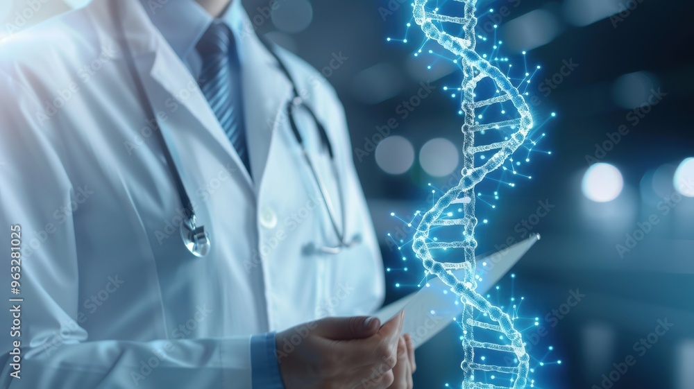 A healthcare professional in a lab coat examines a DNA strand, symbolizing research and advancements in genetics and medicine. A healthcare professional in a lab coat examines a DNA strand, symbolizing research and advancements in genetics and medicine.