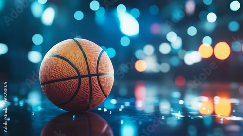 A basketball is sitting on a wet court