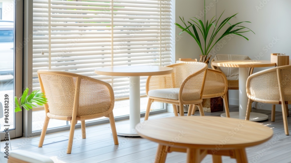 Fototapeta premium A cozy cafe interior featuring wooden furniture and natural light for a welcoming atmosphere.