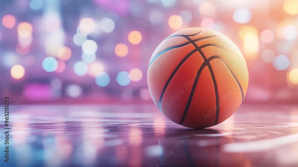 A basketball is sitting on a wet floor in a brightly lit room A basketball is sitting on a wet floor in a brightly lit room