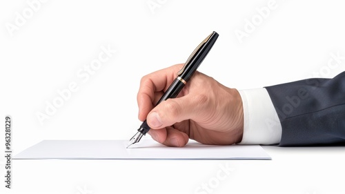 A professional hand holding a pen, poised to write on a blank sheet of paper, symbolizing creativity and commitment.