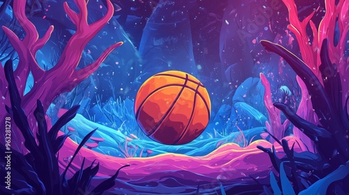 Wallpaper Mural A basketball is sitting on a grassy field with a purple and pink background Torontodigital.ca