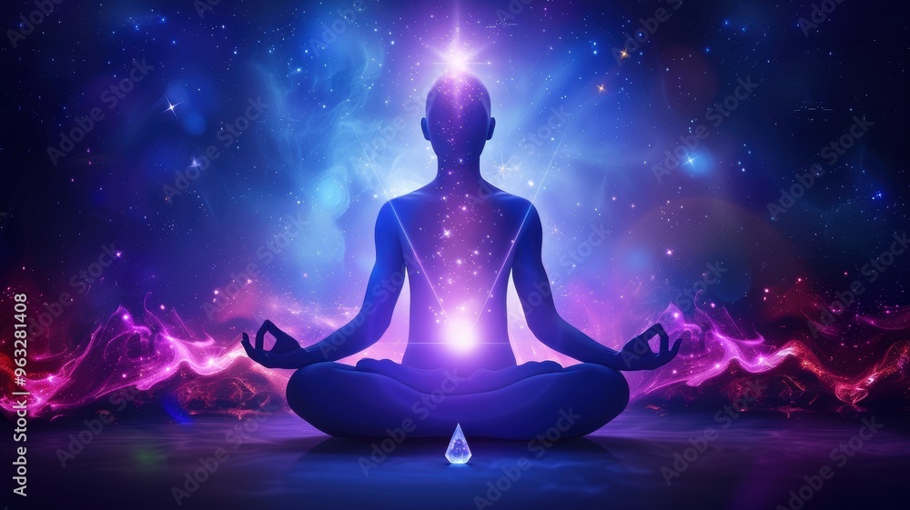 A figure meditating in cosmic light, embodying peace, spiritual energy, and the connection to the universe. A figure meditating in cosmic light, embodying peace, spiritual energy, and the connection to the universe.