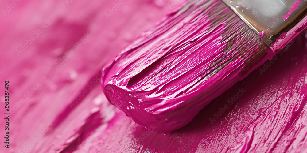 Radiant Pink Brushstrokes: A close-up of a painter's brush dipped in pink paint. Radiant Pink Brushstrokes: A close-up of a painter's brush dipped in pink paint.