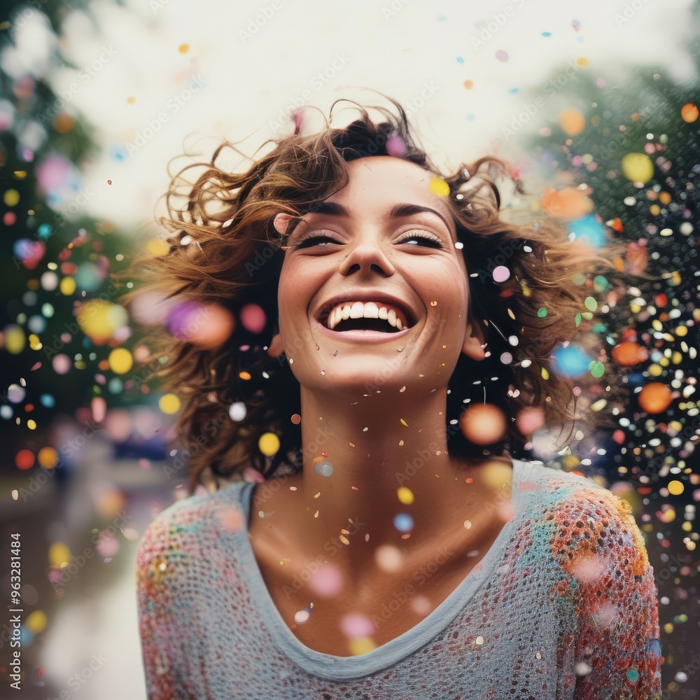 Young pretty girl in red hat and glasses with colorful confetti hands on background of green grass Young pretty girl in red hat and glasses with colorful confetti hands on background of green grass
