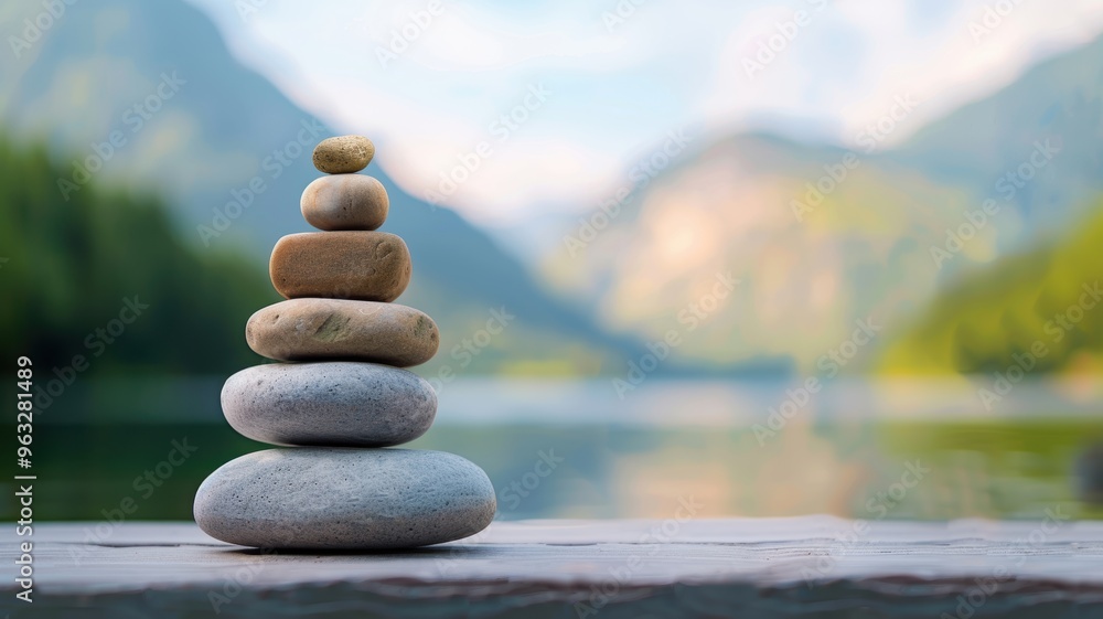 A scene of balanced stones by a tranquil lake, reflecting natural beauty and peace in the background of mountains. A scene of balanced stones by a tranquil lake, reflecting natural beauty and peace in the background of mountains.