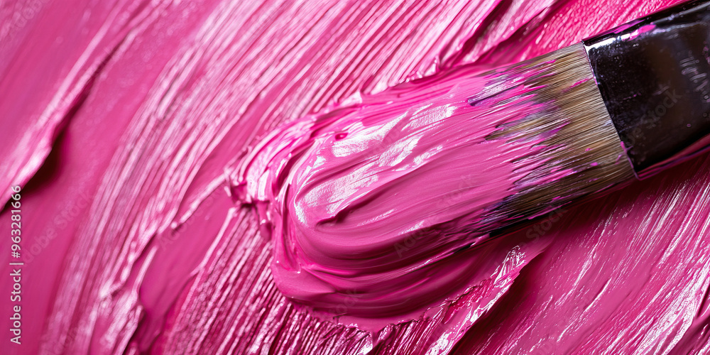 Radiant Pink Brushstrokes: A close-up of a painter's brush dipped in pink paint. Radiant Pink Brushstrokes: A close-up of a painter's brush dipped in pink paint.