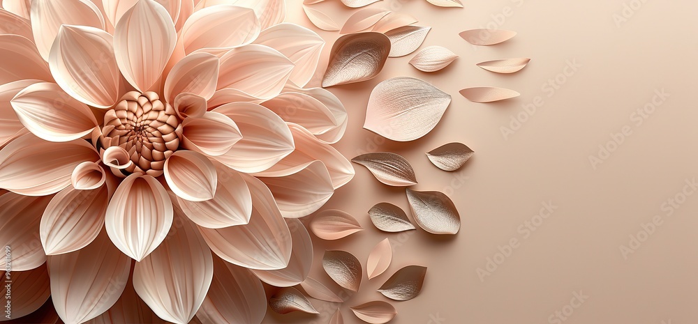 A delicate pink dahlia flower with scattered petals on a soft beige background. This image evokes a sense of beauty and tranquility. A delicate pink dahlia flower with scattered petals on a soft beige background. This image evokes a sense of beauty and tranquility.