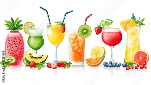 Summer element collection set including fruits and drinks on white banner background, vector design