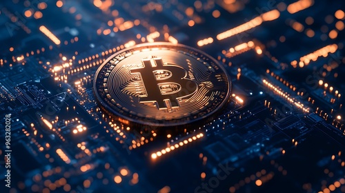 Wallpaper Mural Close-up of a Bitcoin coin resting on a glowing digital circuit board, symbolizing cryptocurrency, blockchain technology, and digital finance. Torontodigital.ca