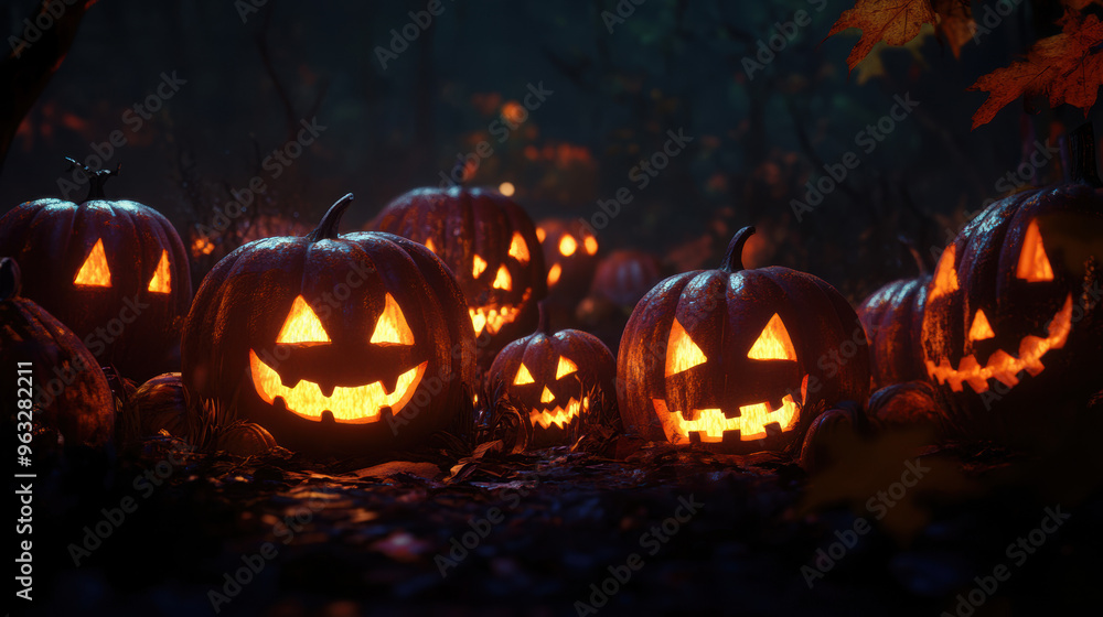 Jack-o'-lanterns in Forest. Jack-o'-lanterns in Forest.
