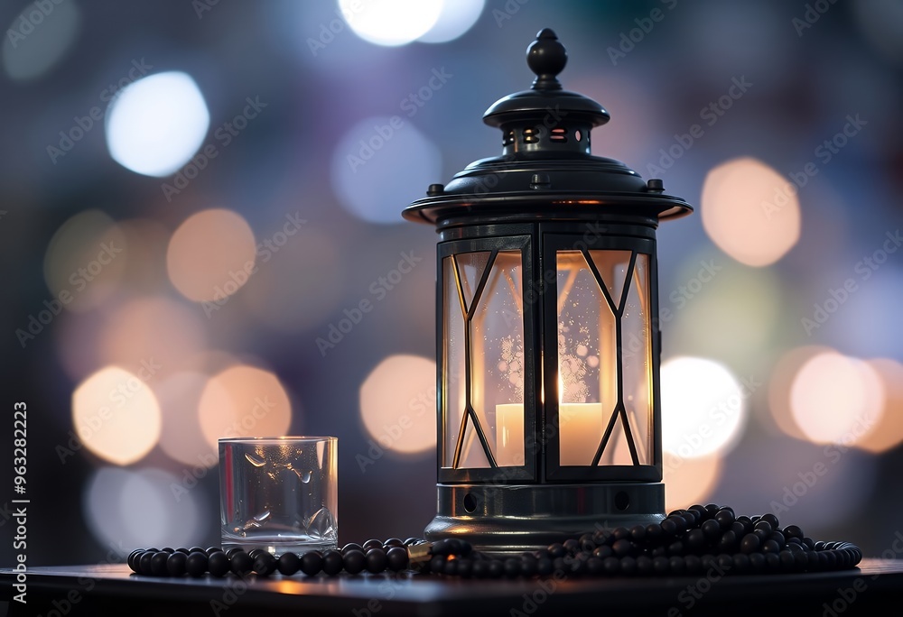 Lantern with burning candle and prayer beads on table against blurred lights Lantern with burning candle and prayer beads on table against blurred lights