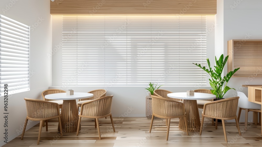 Bright and modern cafe interior with wooden furniture and large windows, creating a cozy atmosphere for relaxation and socializing. Bright and modern cafe interior with wooden furniture and large windows, creating a cozy atmosphere for relaxation and socializing.