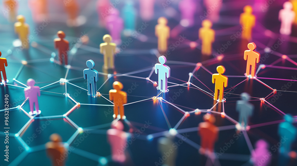 Visualizing the connections between people through colorful human figures standing on nodes of a social network Visualizing the connections between people through colorful human figures standing on nodes of a social network