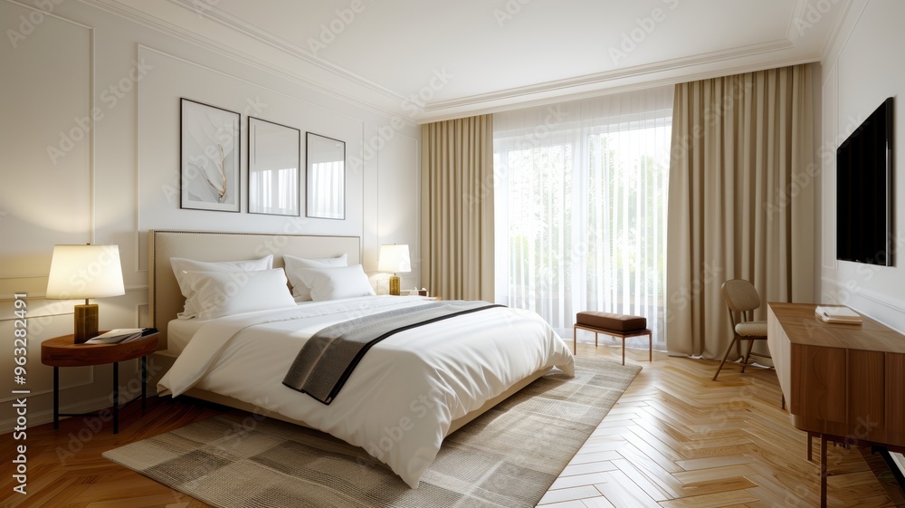 Fototapeta premium modern bedroom design featuring soft linens, wooden accents, and large windows for natural light.