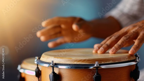 a person playing a conga drum, showcasing rhythmic hand movements and musical passion in a vibrant setting.