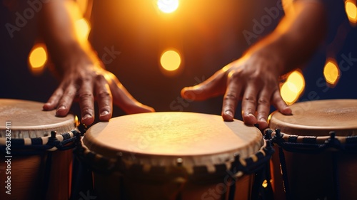 hands playing conga drums, surrounded by warm, golden bokeh lighting. Perfect for music and percussion themes. photo