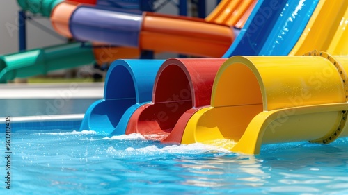 water slides in a sunny pool, perfect for fun and relaxation. Enjoy a splash-filled day at the water park.