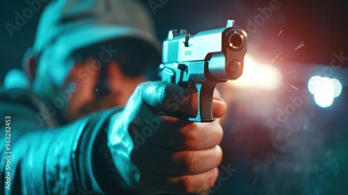 Dramatic scene of a person aiming a firearm in low light, highlighting tension and intensity, perfect for action-themed content.