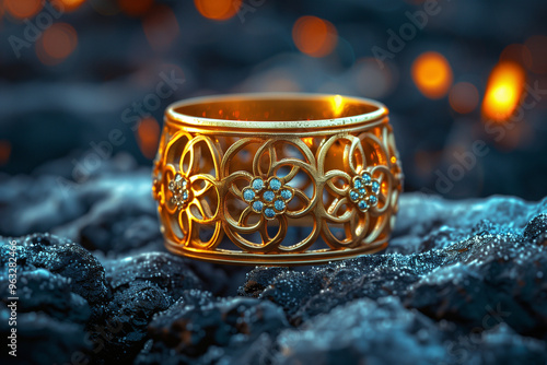 A beautiful, orante golden bracelet made of glowing gold. Enchanted magical historical artifact lying on rough stone with light spots or fire spots in the background. photo