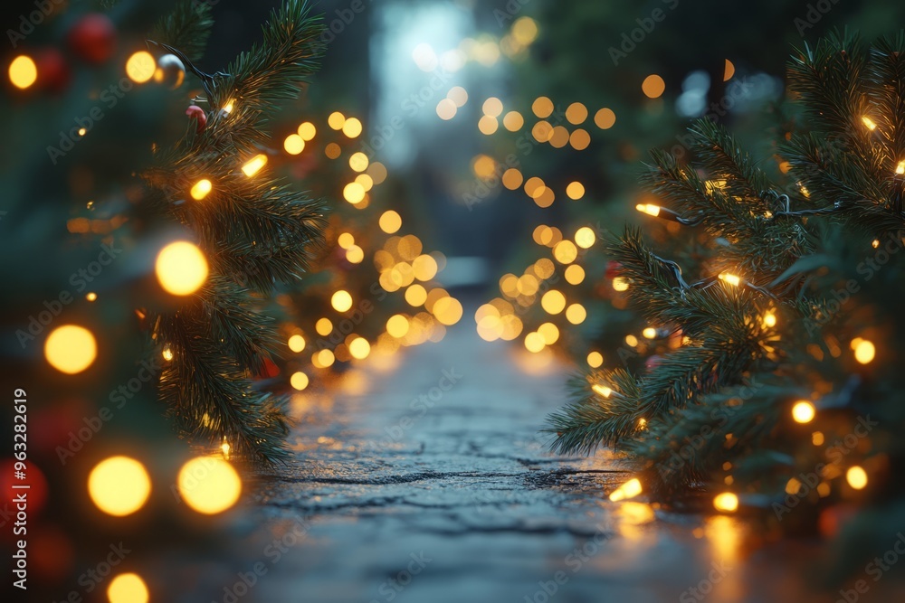 Naklejka premium A pathway adorned with glowing lights and greenery for a festive atmosphere.