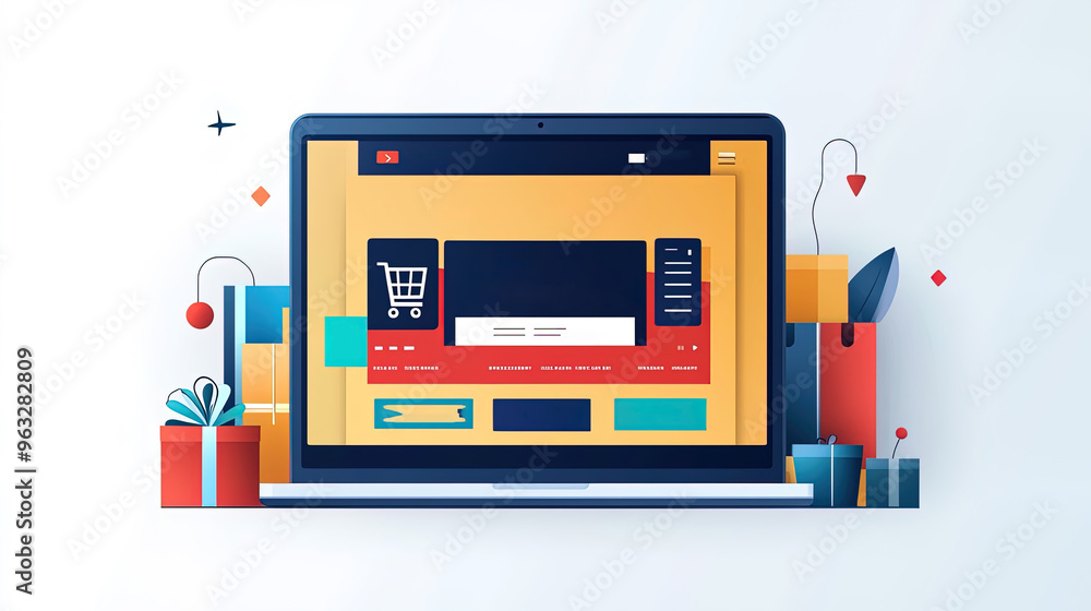 flat illustration of a laptop on the desk with online shopping webpage, decorated by gift boxes and plants and application icons flat illustration of a laptop on the desk with online shopping webpage, decorated by gift boxes and plants and application icons