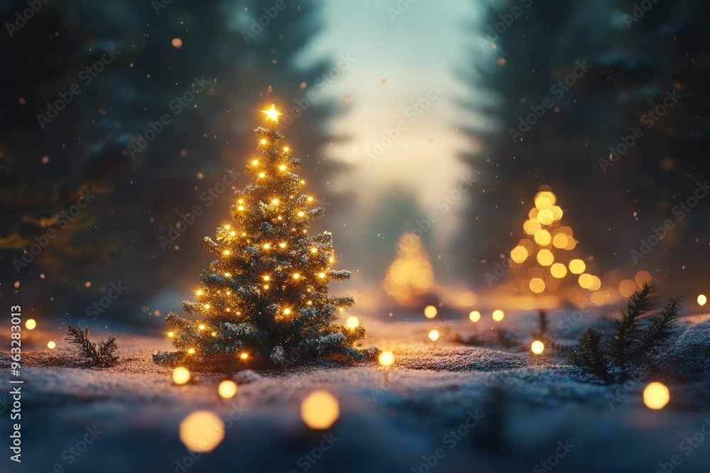A serene winter scene featuring glowing Christmas trees in a snowy forest. A serene winter scene featuring glowing Christmas trees in a snowy forest.