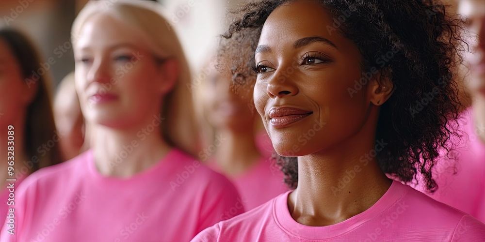 Happy Diverse Group of Women Wearing Pink Shirts Happy Diverse Group of Women Wearing Pink Shirts