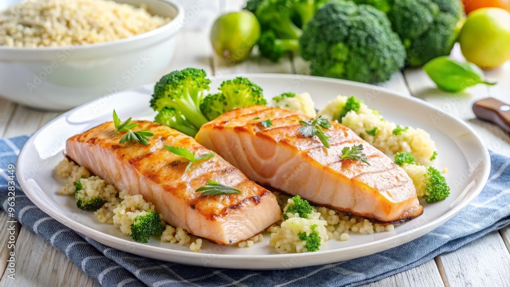 Delicate slices of grilled salmon paired with a creamy quinoa pilaf and a side of tender steamed broccoli, all set against a clean, modern white background to highlight the dish's appetizing textures. Delicate slices of grilled salmon paired with a creamy quinoa pilaf and a side of tender steamed broccoli, all set against a clean, modern white background to highlight the dish's appetizing textures.