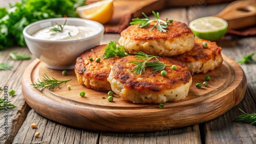 Fresh catch of the day salmon cakes served on a rustic wooden board with a dollop of creamy aioli and a sprinkle of bright green dill against a soft beige background