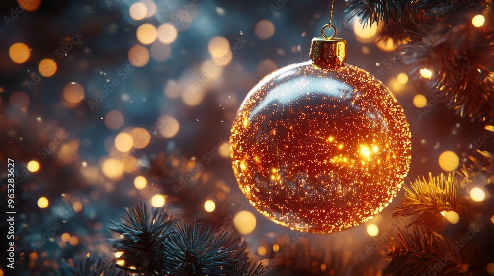 A sparkling Christmas ornament hanging on a tree with glowing bokeh lights. A sparkling Christmas ornament hanging on a tree with glowing bokeh lights.