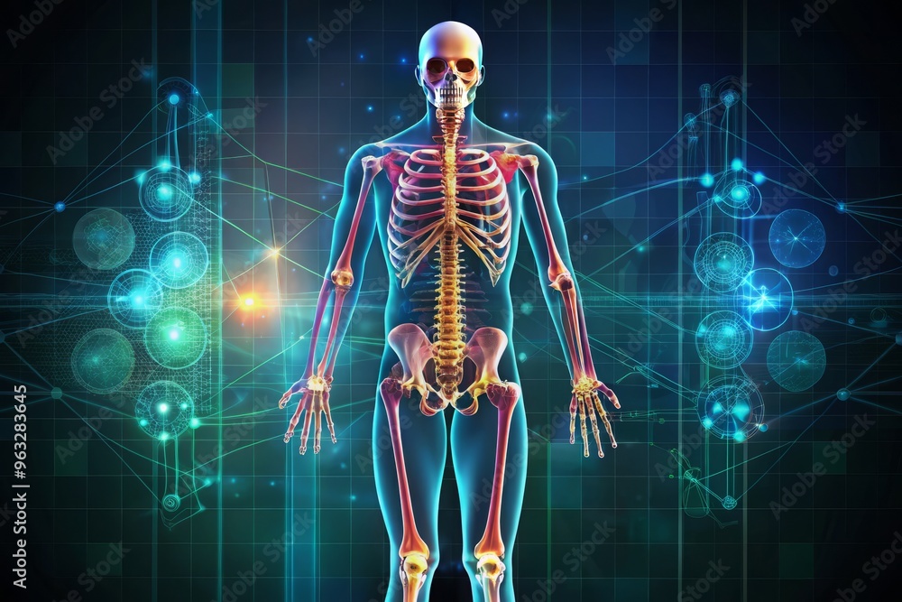 Technical Skeletal System Illustration Infographic Design Concept Moody Dark Background Technical Information Bright Colors Technical Skeletal System Illustration Infographic Design Concept Moody Dark Background Technical Information Bright Colors