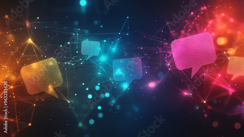 Global communication concept: colorful speech bubbles connected by plexus lines on dark digital background