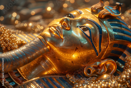 Close up of an ancient Egyptian golden mask. Ancinet, ornate death mask. photo