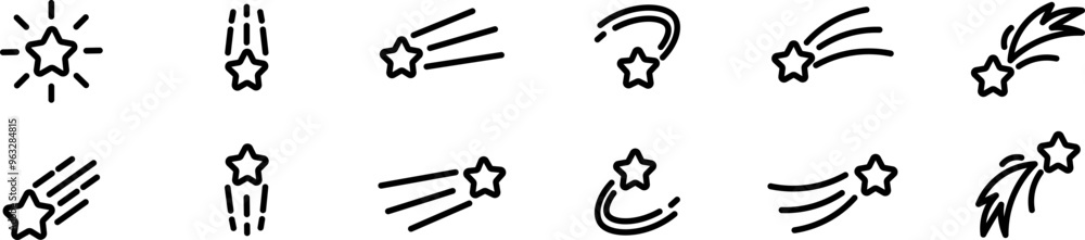 Shooting stars. Linear falling stars icons. Fireworks sparks. Vector illustration of a falling star.