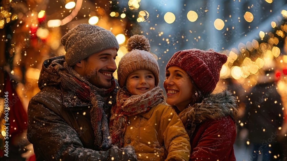 A joyful family celebrates the holidays while playing in the snow at a festive market, surrounded by twinkling lights during a snowy evening A joyful family celebrates the holidays while playing in the snow at a festive market, surrounded by twinkling lights during a snowy evening