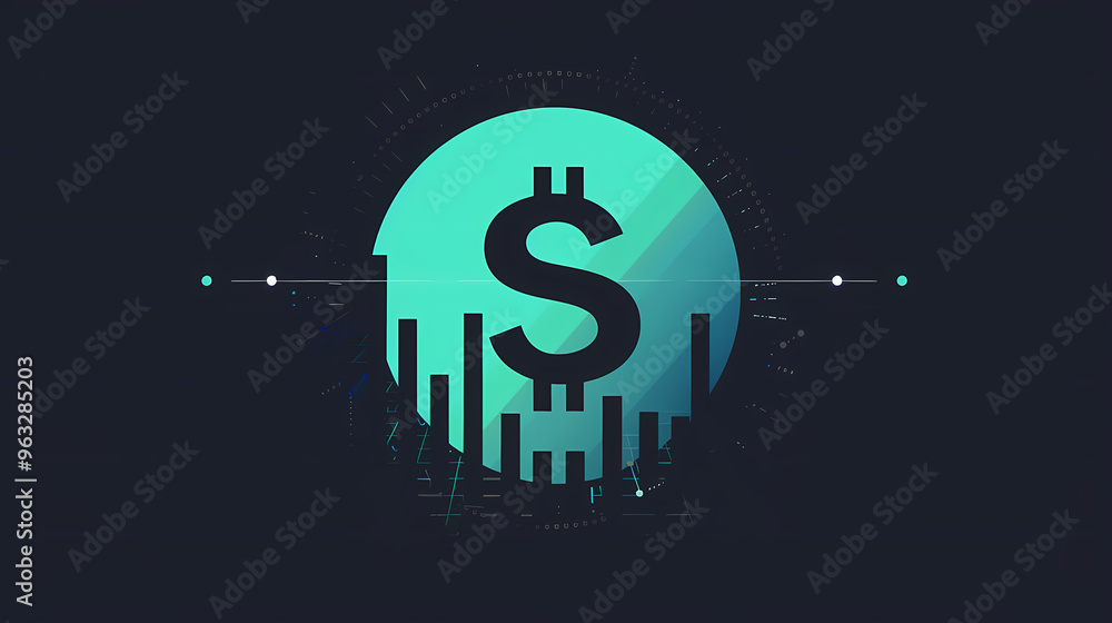 A stylized dollar sign in a teal circle surrounded by digital data on a dark blue background. A stylized dollar sign in a teal circle surrounded by digital data on a dark blue background.