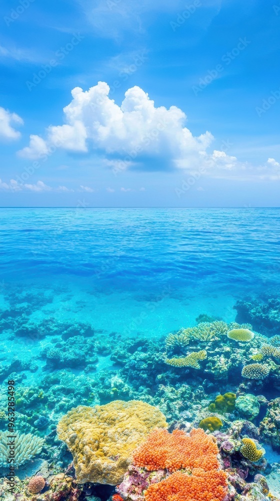 Naklejka premium Crystal-clear lagoon with colorful coral reefs, vibrant underwater paradise