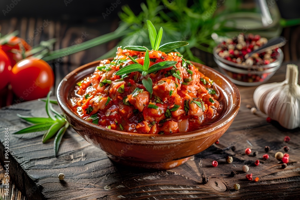 A colorful bowl of fresh tomato salsa with herbs and spices. A colorful bowl of fresh tomato salsa with herbs and spices.