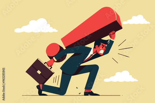 A frustrated businessman carrying a heavy load of big exclamation points