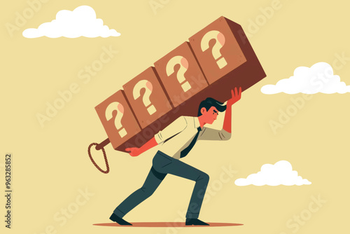 Minimalist illustration, a frustrated businessman trying to carry a heavy load of big question marks