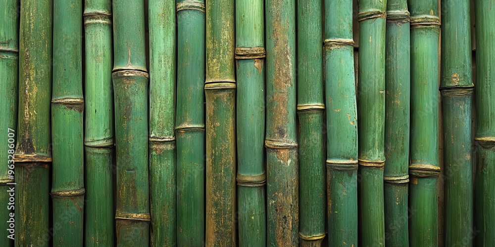Natural Harmony: A bamboo wall, showcasing various sizes of green sticks. Natural Harmony: A bamboo wall, showcasing various sizes of green sticks.