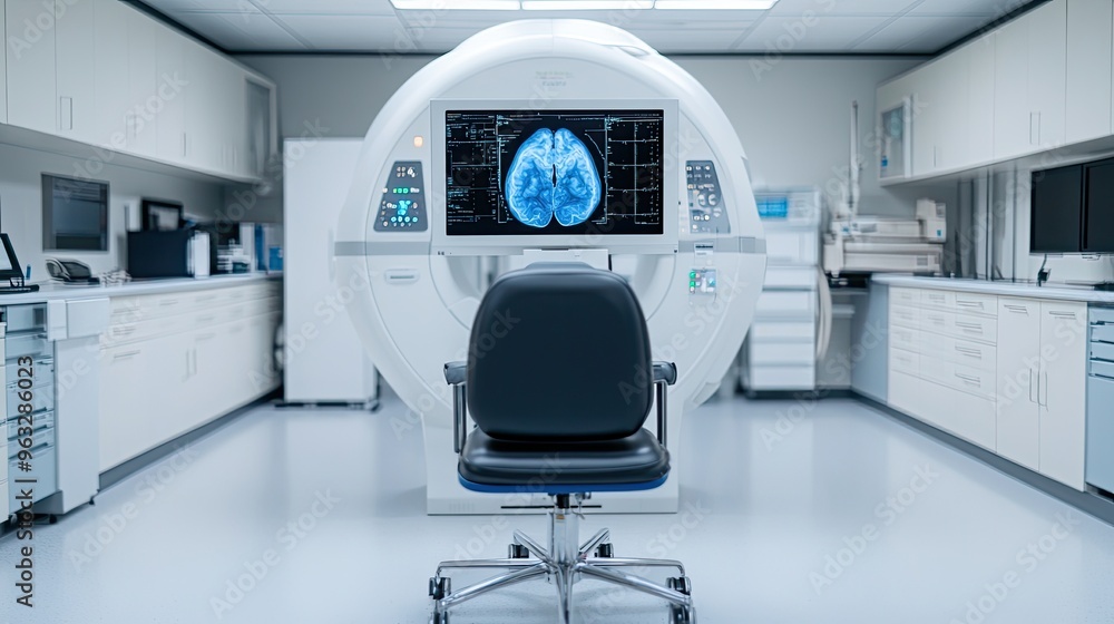 A modern medical imaging room featuring an MRI machine and a chair ...