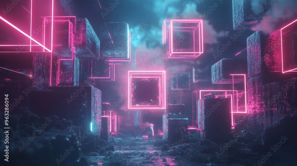 Obraz premium Abstract 3D shapes in glowing neon tones, floating over a dark digital landscape