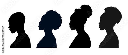 set of beautiful black woman silhouettes side view, african american girl contour - vector illustration