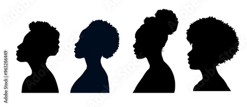 set of beautiful black woman silhouettes side view, african american girl contour - vector illustration