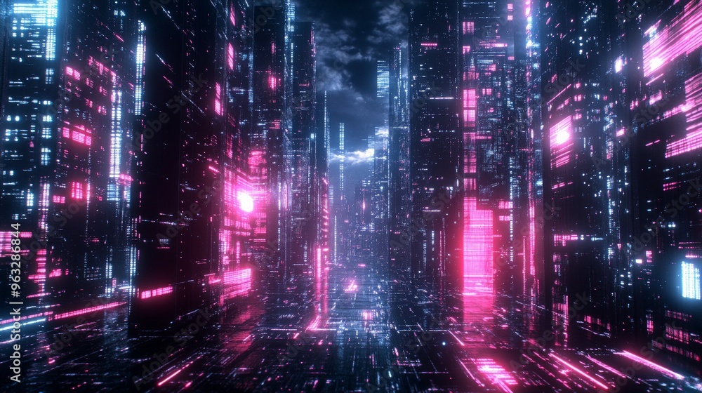 Neon-lit virtual cityscape, with digital buildings made Neon-lit virtual cityscape, with digital buildings made